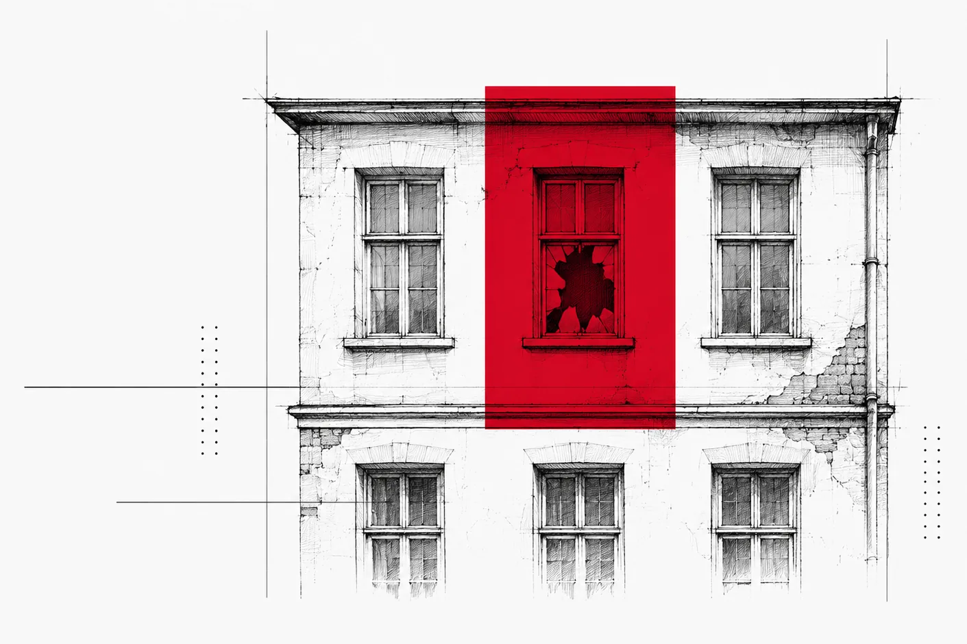 The broken window; one neglected pane, marked in crimson