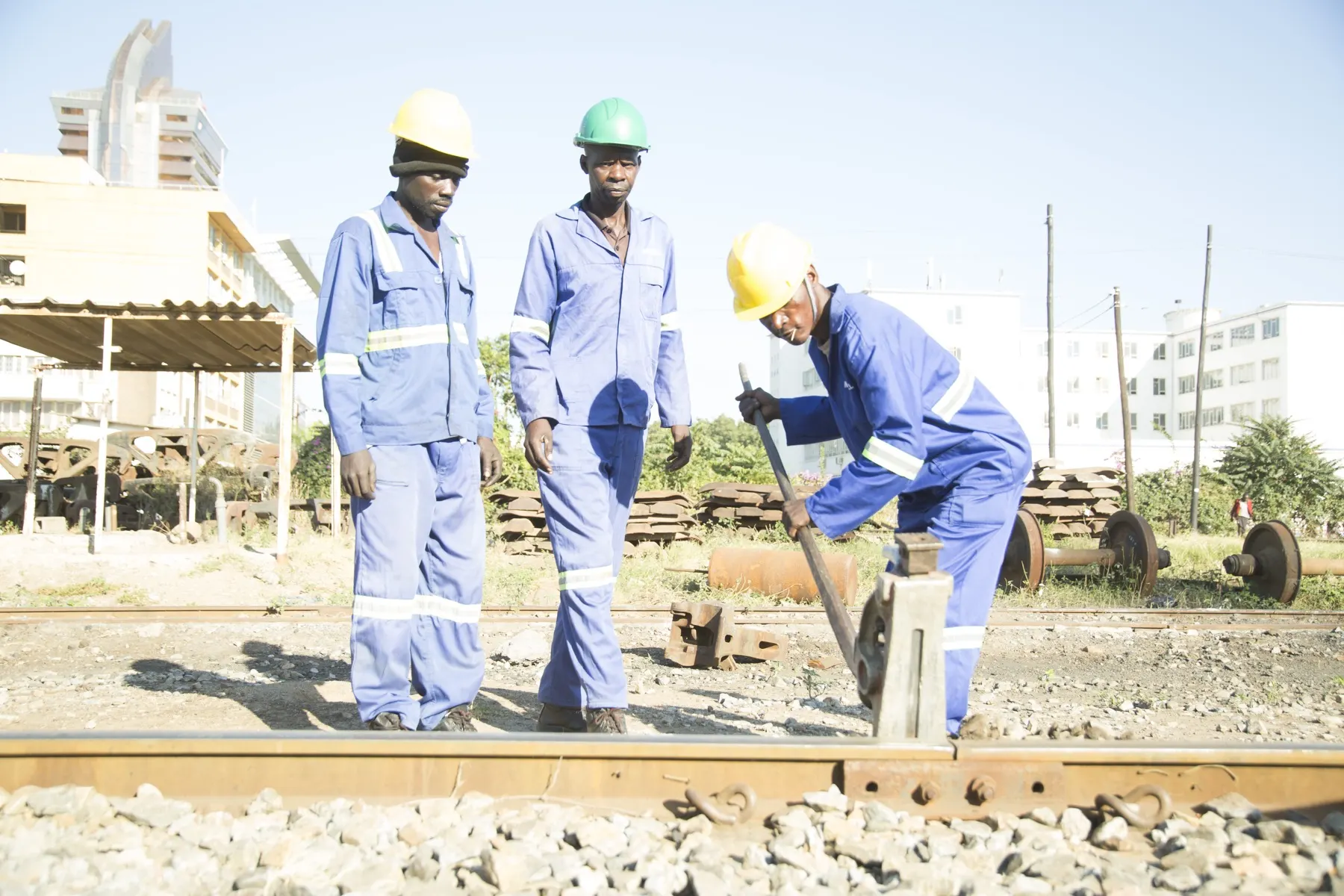 Zambia Railways workers on the rail line